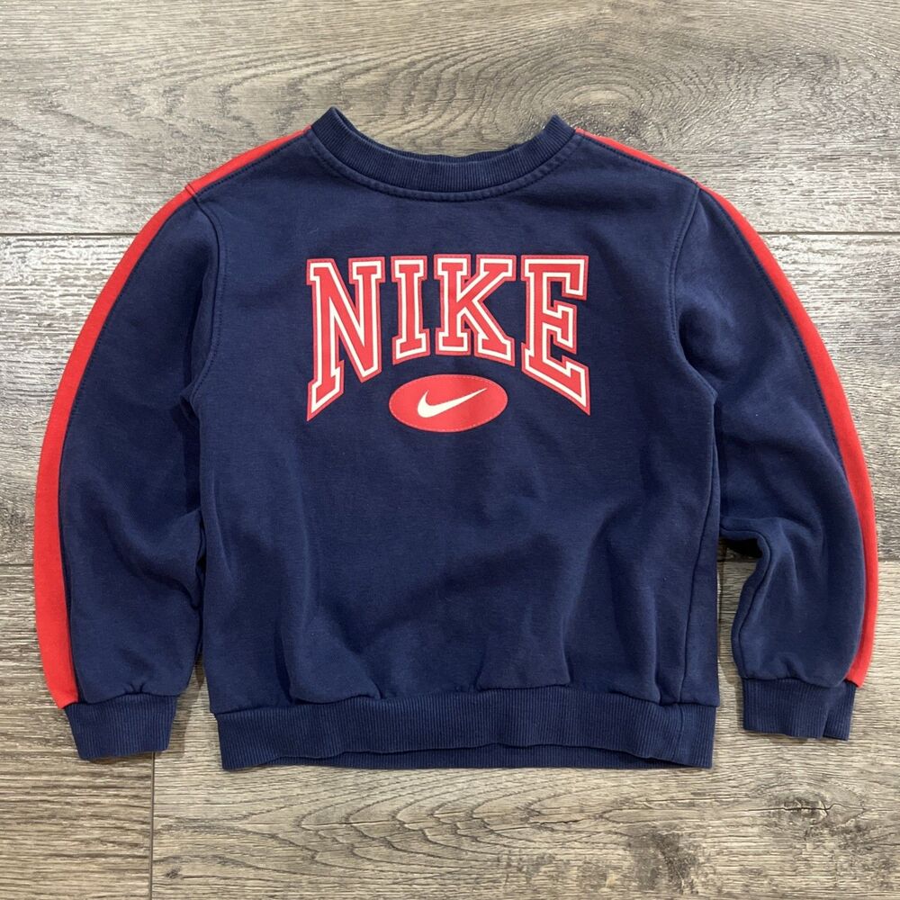 Vintage Nike Spellout Center Swoosh Blue Red Sweatshirt - Kids Large